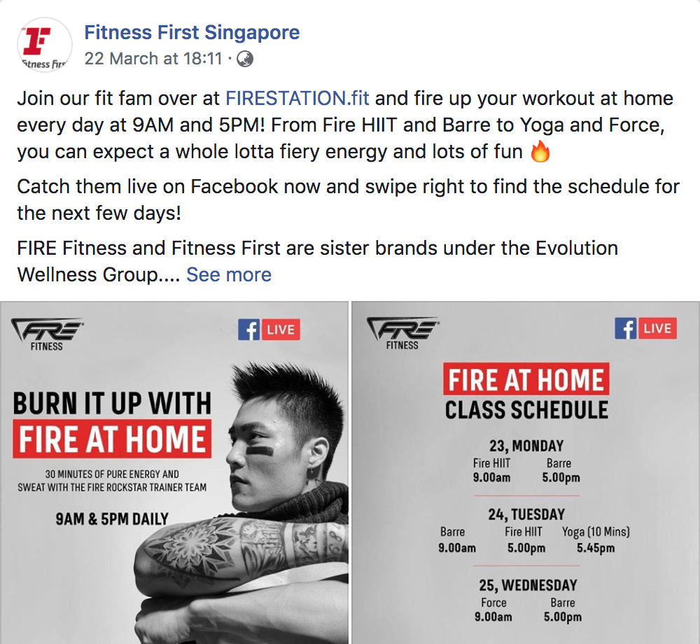 Fitness First's live stream schedule for workouts at home